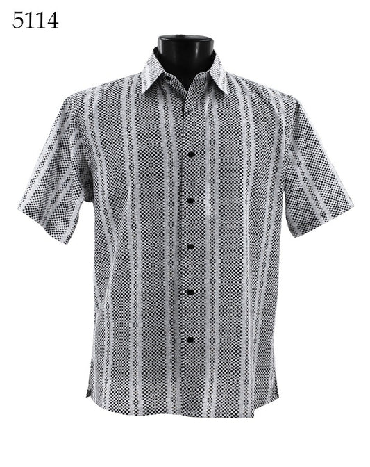 The Bassiri Short Sleeve Shirt 5114 in a regular fit, featuring a sophisticated black and white checkered pattern with vertical stripes, elegantly displayed on a mannequin.