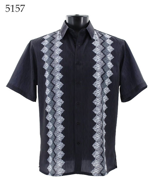 On display is the Bassiri Short Sleeve Shirt 5157 by Bassiri, a regular fit black button-up featuring a vertical gray zigzag pattern on each side. It’s showcased on a mannequin torso, exemplifying versatile apparel that expertly combines style and comfort.