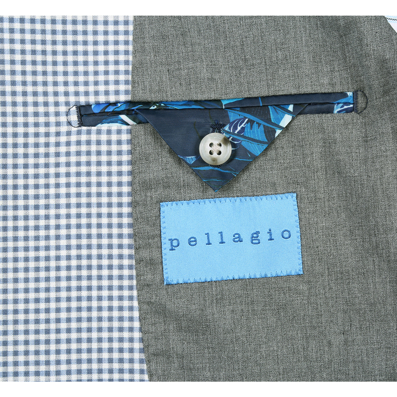 Pellagio Blue White Men's Half Canvas Blazer PS24-9 with a blue tie and pocket square. Features a light gray checkered pattern, polyester and spandex fabric composition, close-up views of the lining and buttons, as well as intricate design details.