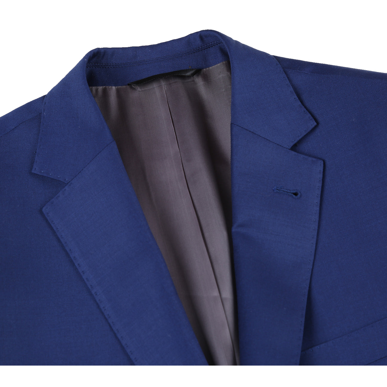 The Rivelino Classic Fit Blue Half-Canvas Suit RHC100-19 is elegantly displayed on a mannequin, paired with a white dress shirt and a blue striped tie. Crafted from 100% wool, this navy blue suit from the Rivelino brand offers timeless sophistication through its half-canvas design.