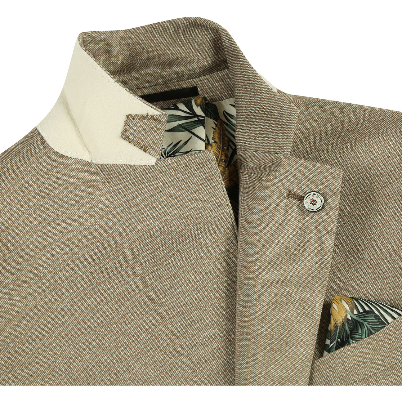 A slim fit, single-breasted Pellagio Beige Men's Half Canvas Blazer PS24-1 paired with a white dress shirt and an orange patterned tie. A pocket square is neatly tucked in the left breast pocket, highlighting its refined half canvas construction.