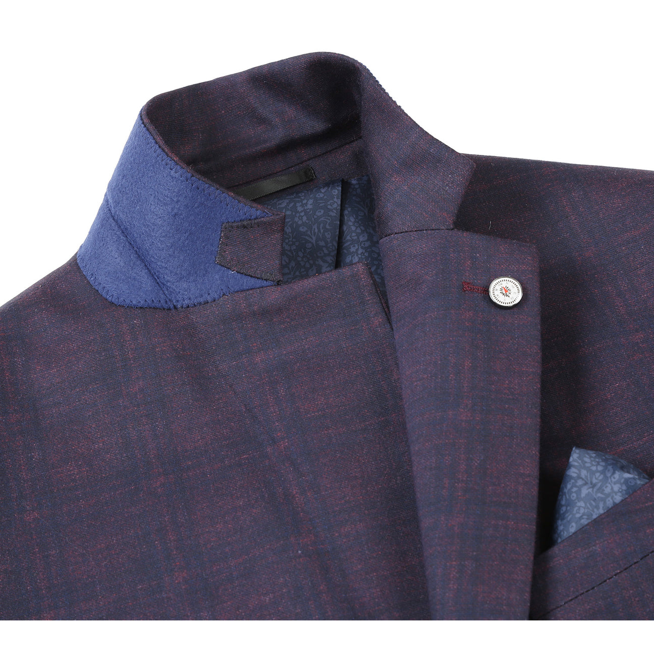 Displayed on a mannequin, the Pellagio Men's Half Canvas Gray Blue Blazer PF23-9 showcases a white shirt, light blue striped tie, and pocket square. With its slim fit and notched lapel, this stylish blazer from Pellagio is a sophisticated choice.