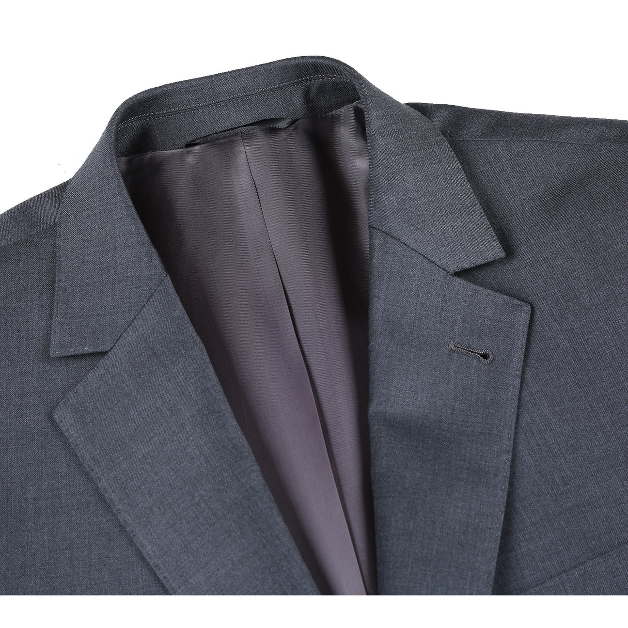 The RIVELINO Classic Fit Gray Half-Canvas Suit RHC100-4 by Rivelino is elegantly showcased on a mannequin, paired with a white dress shirt and a blue striped tie.