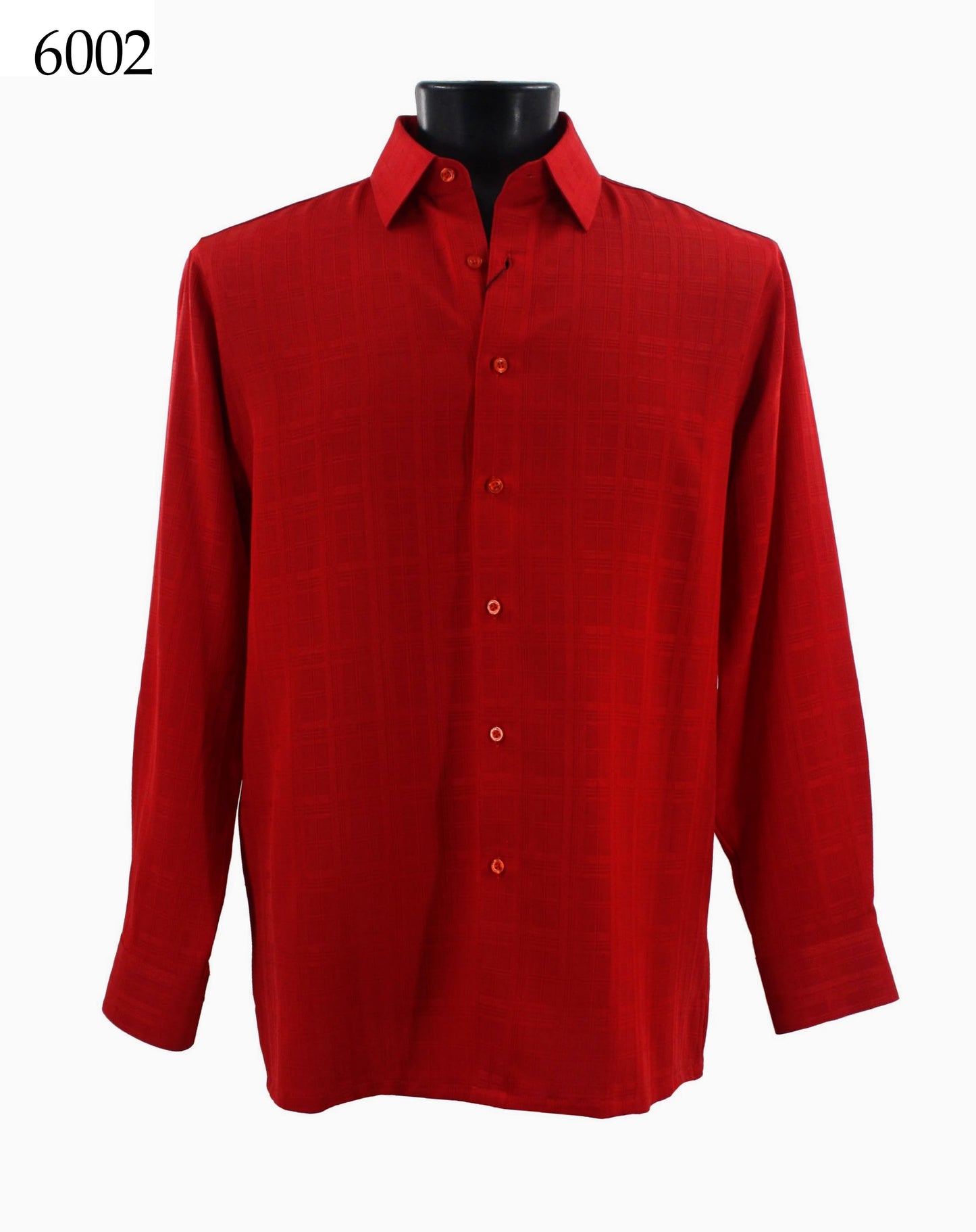 A red Bassiri long-sleeve shirt with button-up design and collar detail is displayed on a mannequin, featuring the black text "Bassiri Long Sleeve Shirt 6002" in the top left corner.