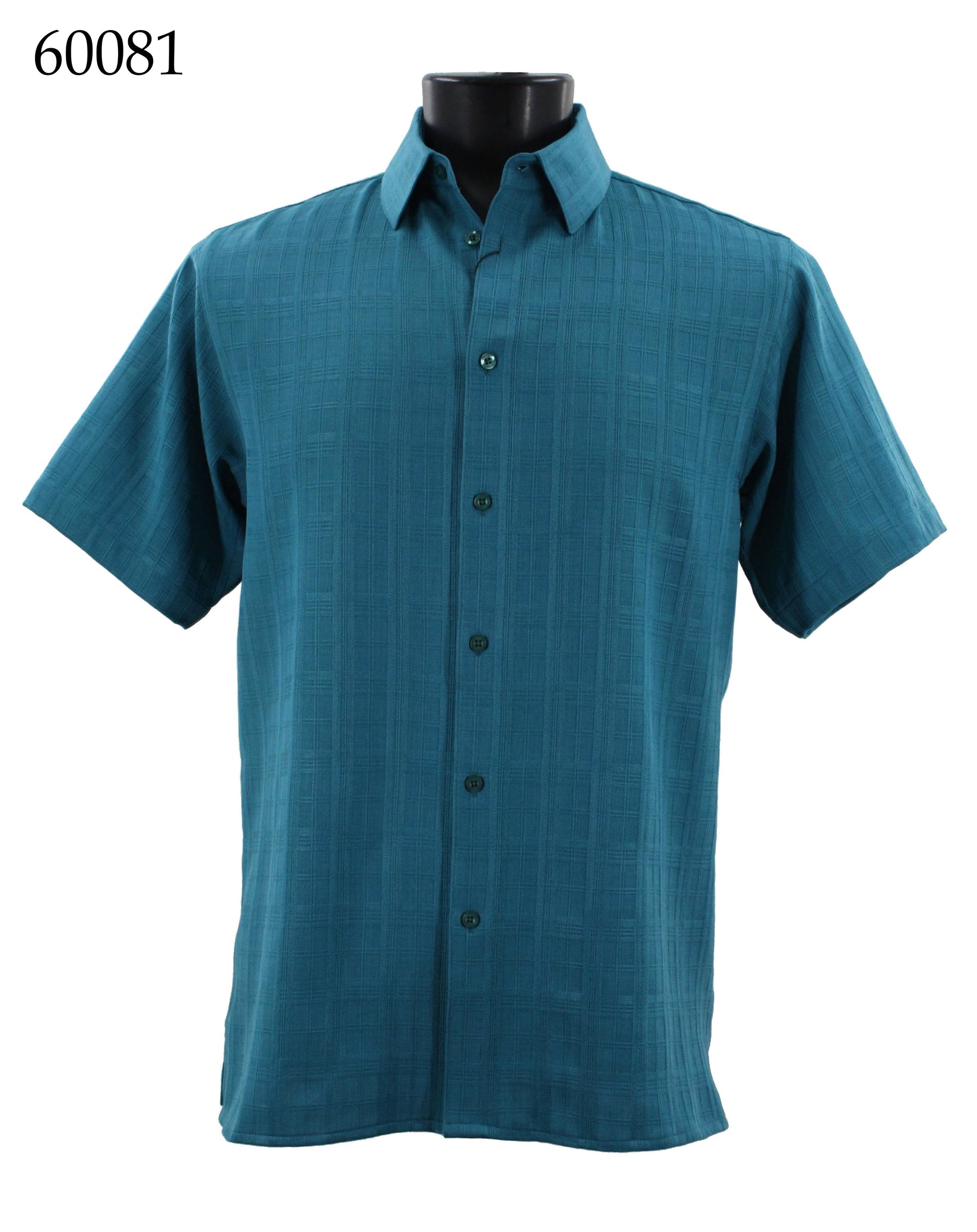 A Bassiri Short Sleeve Shirt 60081, featuring a sleek regular fit and stylish teal hue, is elegantly displayed on a black mannequin.