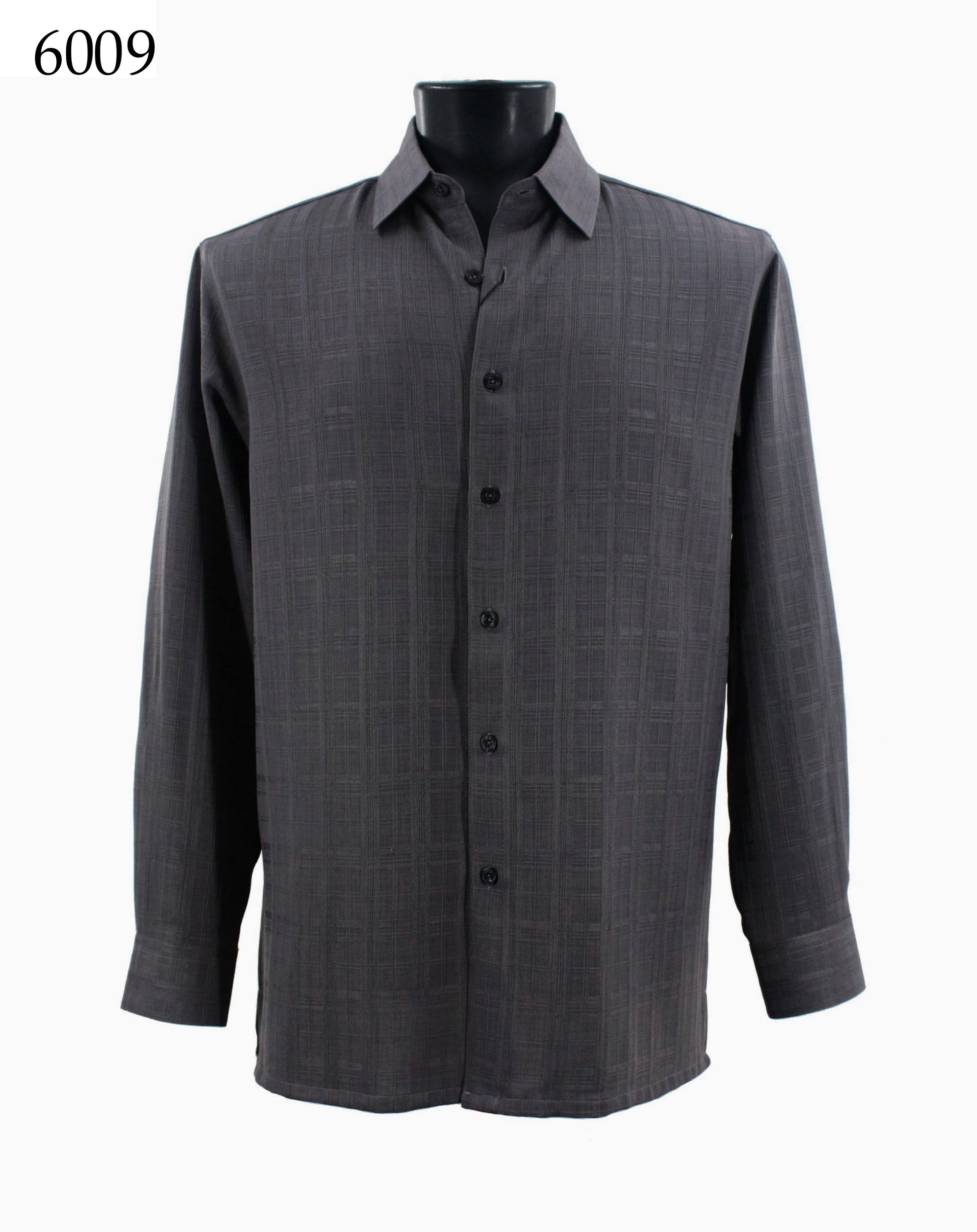 A black mannequin wears the Bassiri Long Sleeve Shirt 6009, featuring a charcoal gray color with a subtle checkered pattern, complete with long sleeves and a collar.