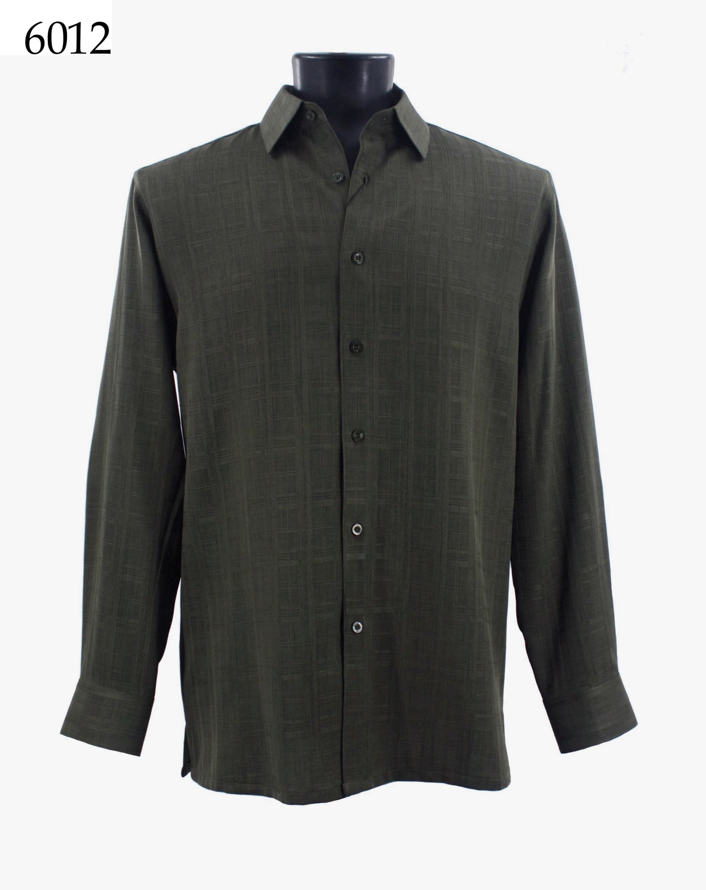 A Bassiri long-sleeve button-up shirt in dark green is showcased on a mannequin against a simple backdrop, with the product number "6012" visible in the top left corner.