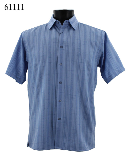 Introducing the Bassiri Short Sleeve Shirt 61111 by Bassiri, a regular fit, button-up shirt featuring subtle vertical stripes on a light blue fabric.