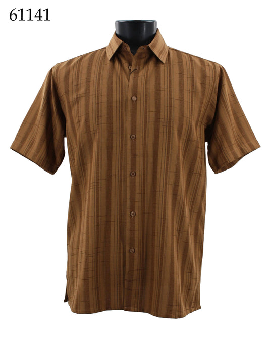 Bassiri presents the Bassiri Short Sleeve Shirt 61141, a fashion-forward brown shirt featuring thin vertical stripes and displayed on a mannequin. This regular fit piece is ideal for any stylish wardrobe.