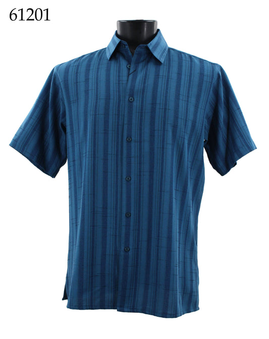 A mannequin displays the Bassiri Short Sleeve Shirt, style number 61201, featuring a regular fit in blue plaid with short sleeves and button-up design.