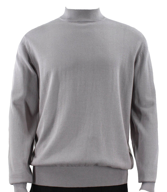 The Bassiri L/S Mock-Neck Silver Sweater 630 is a plain gray long-sleeve sweater made from soft cotton with a high collar, styled against a white background.