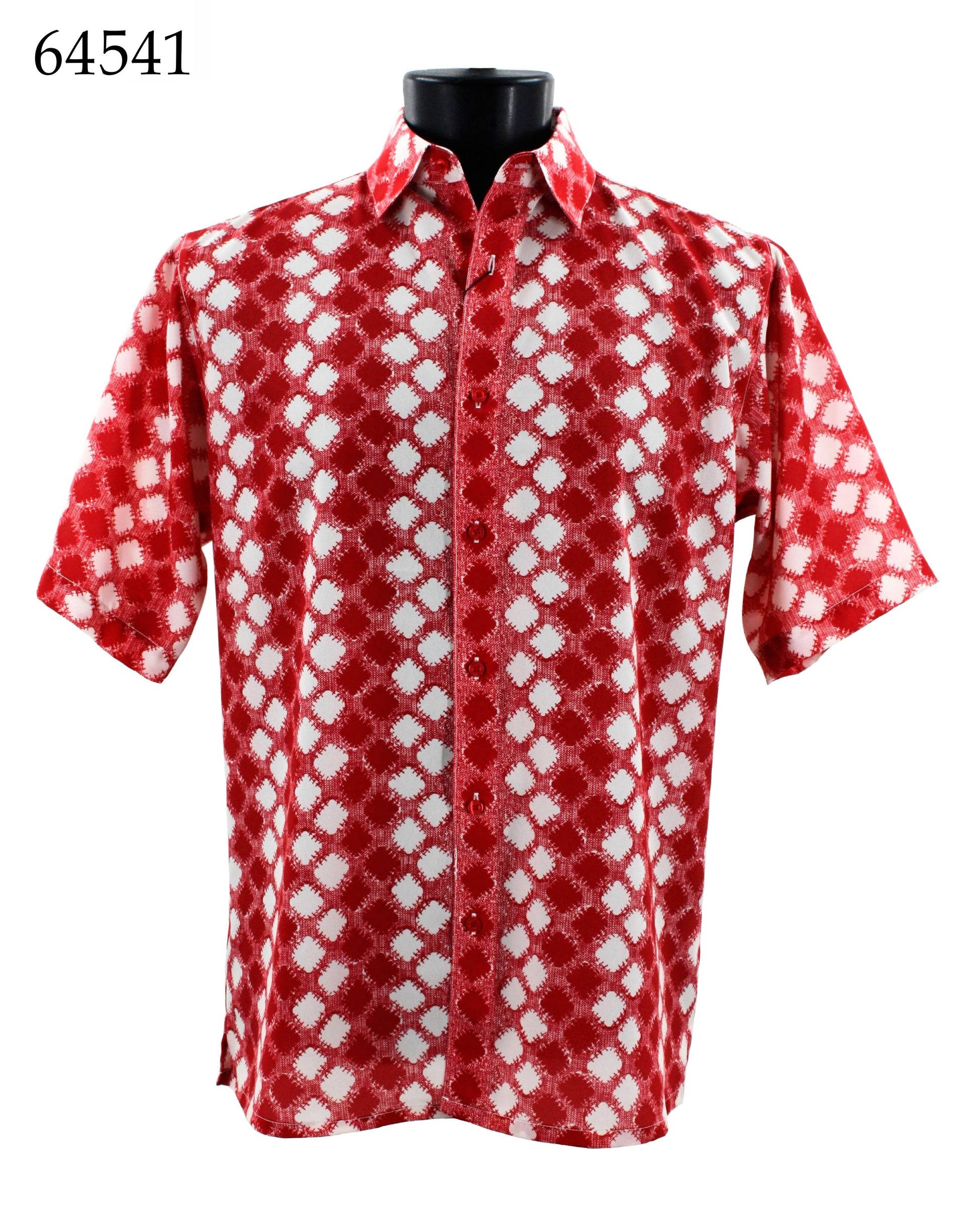 The Bassiri Short Sleeve Shirt 64541, featuring a red and white pattern and a regular fit, is elegantly displayed on a black mannequin with the code number 64541 visible in the top left corner.