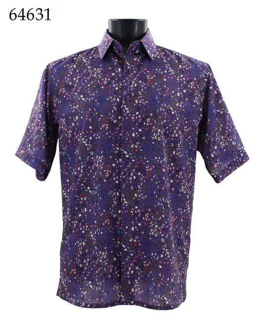 A Bassiri Regular Fit short-sleeve shirt, featuring a vibrant purple floral pattern, is displayed on a mannequin with the label "Bassiri Short Sleeve Shirt 64631" in the top left corner.