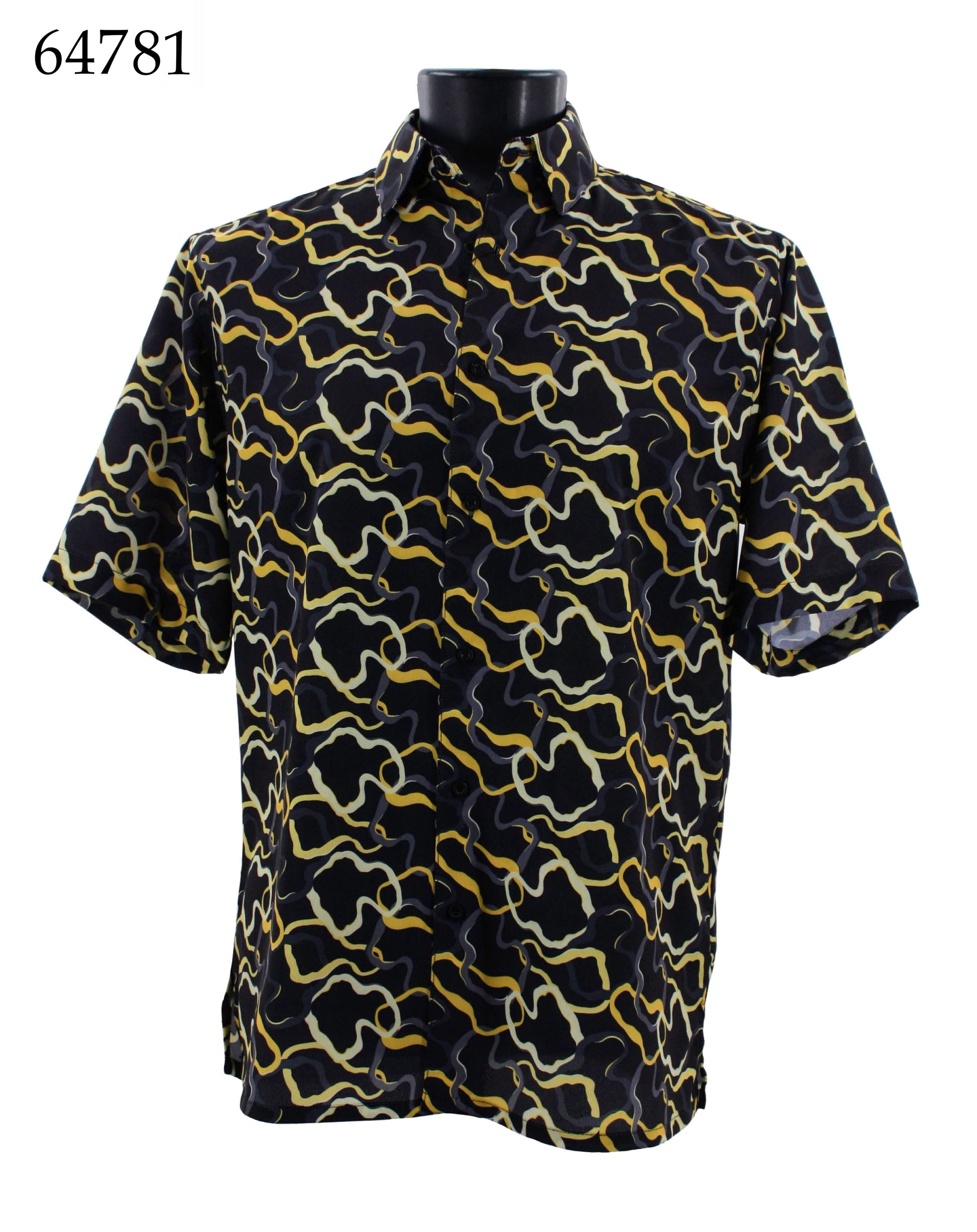 Displayed on a black mannequin torso is the Bassiri Short Sleeve Shirt, regular fit with short sleeves and an abstract pattern in black, yellow, and white, accompanied by product number 64781 in the top left corner.