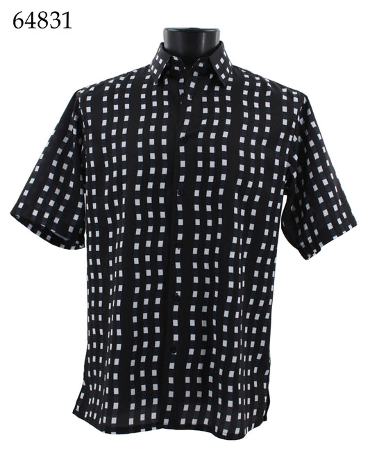 The mannequin showcases the Bassiri Short Sleeve Shirt 64831, a black and white checkered short-sleeve shirt by Bassiri, offering timeless style with effortless comfort in a regular fit.