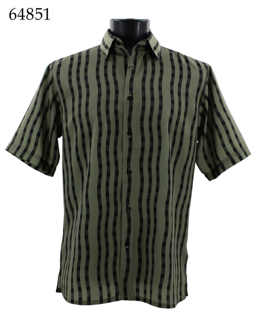 Displayed on a mannequin is the Bassiri Short Sleeve Shirt 64851, a regular fit design featuring green and black stripes with the number 64851 on the top left corner.