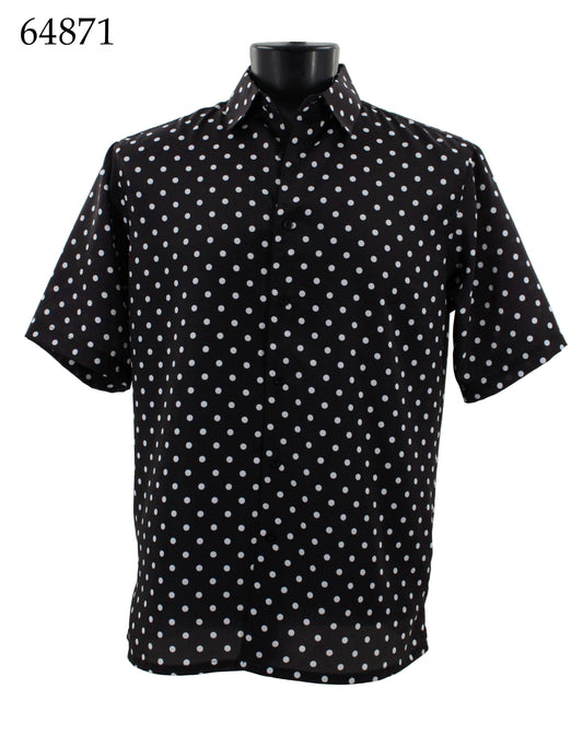 Bassiri's "Bassiri Short Sleeve Shirt 64871" is a black regular fit short-sleeve shirt adorned with white polka dots, elegantly displayed on a mannequin.