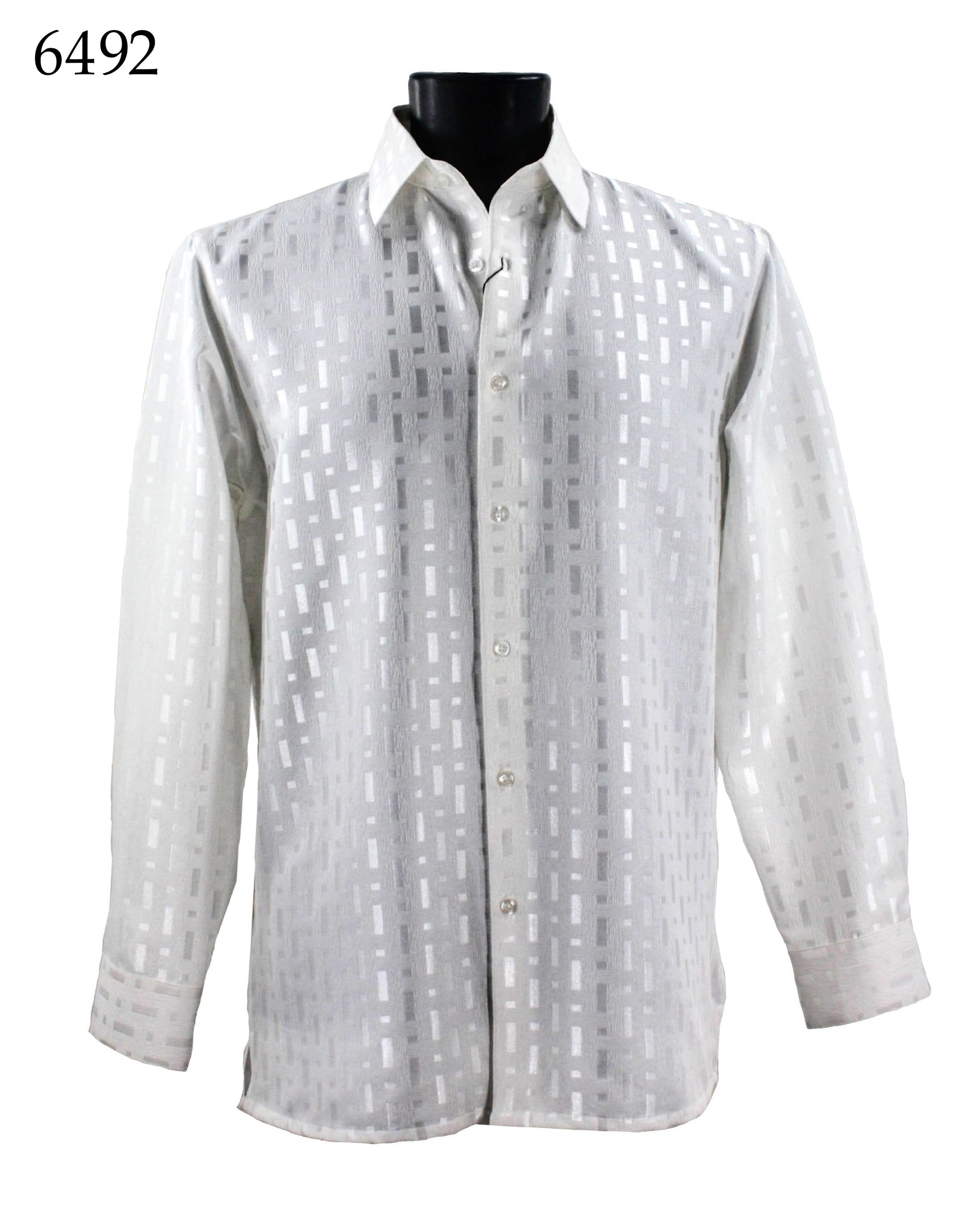 A formal white Bassiri Long Sleeve Shirt 6492 in regular fit is displayed on a black mannequin with a subtle geometric pattern, labeled "6492" at the top left corner.