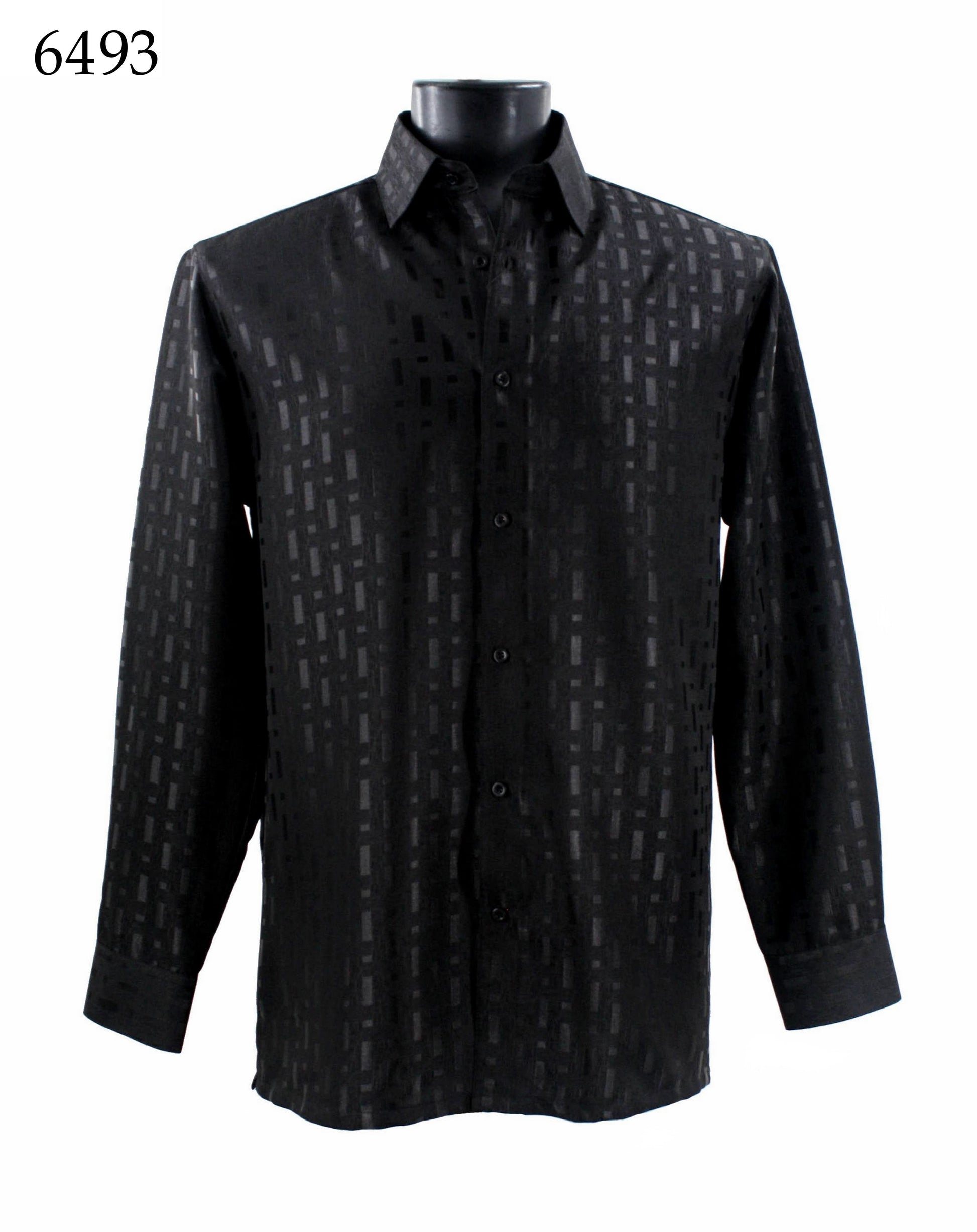 The Bassiri Long Sleeve Shirt 6493, a black regular-fit button-up with a subtle rectangular pattern, is displayed on a mannequin torso.