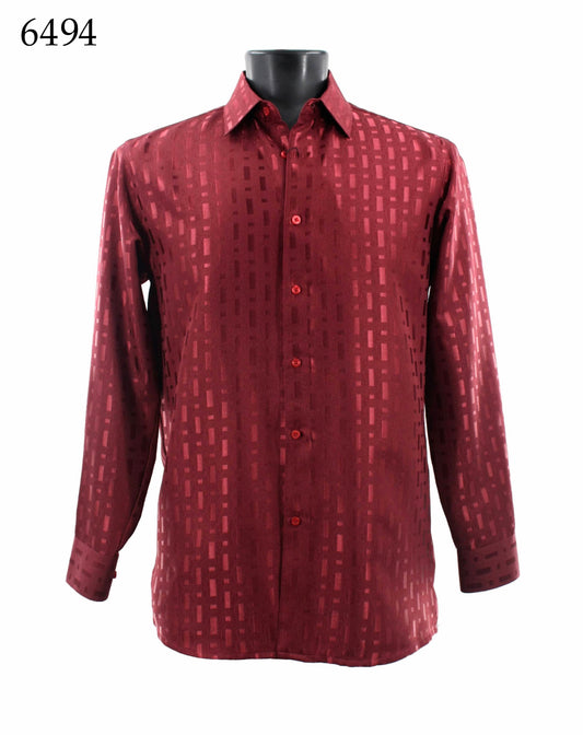 The Bassiri Long Sleeve Shirt 6494, a regular fit with a red pattern and button-up style, is elegantly showcased on a display mannequin.