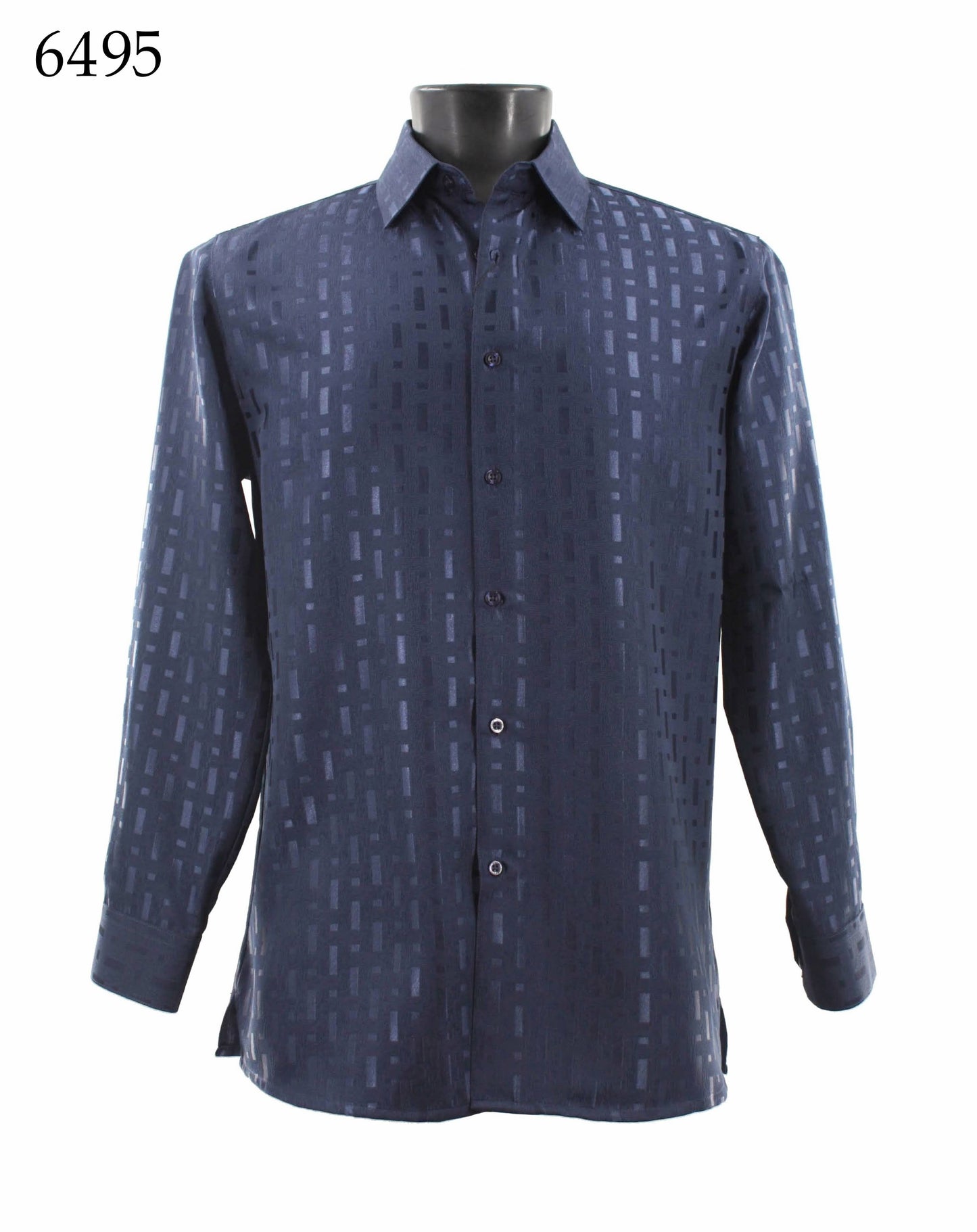 The Bassiri Long Sleeve Shirt 6495 features a subtle geometric pattern in navy, elegantly displayed on a mannequin.