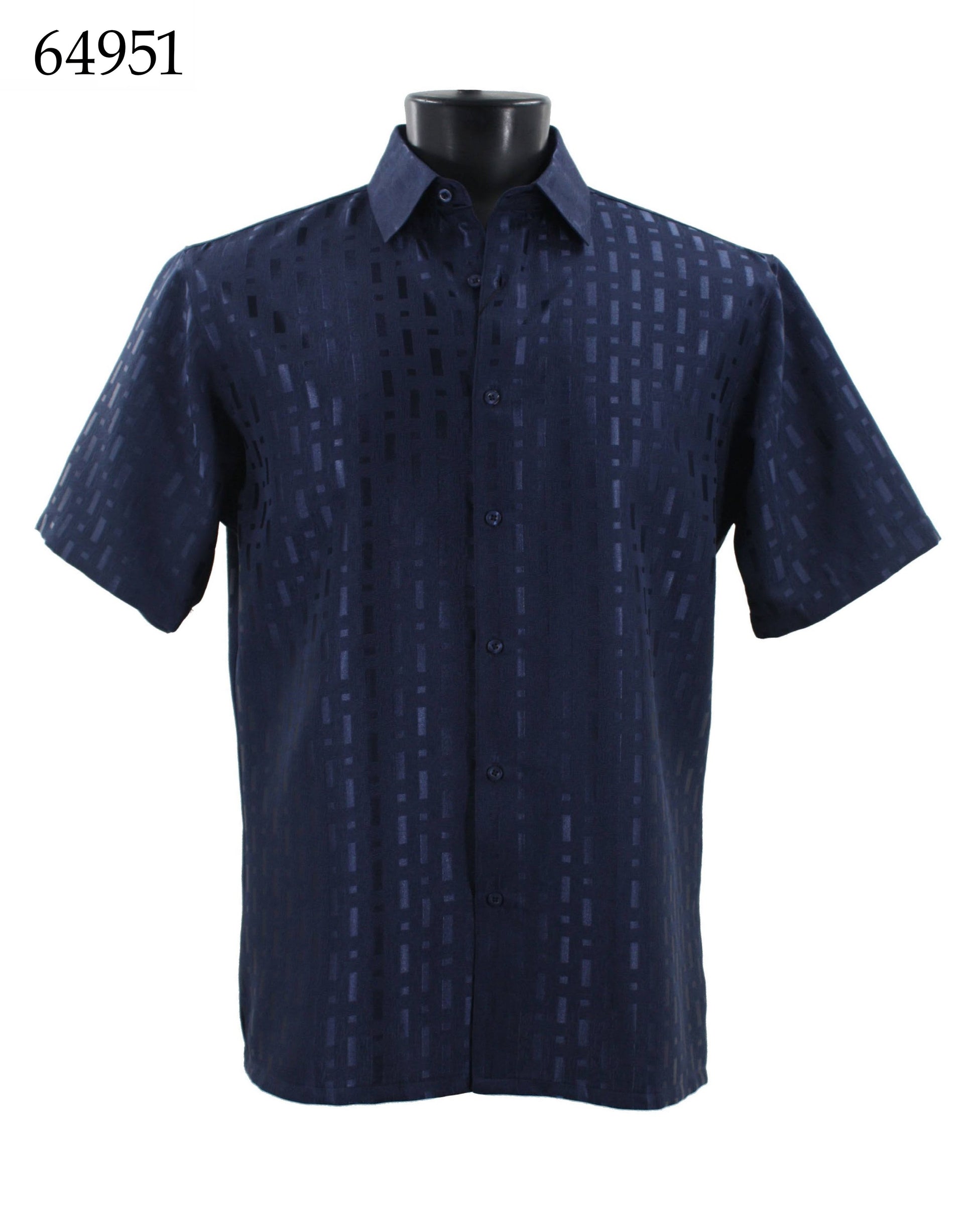 Displayed elegantly on a mannequin is the Bassiri Short Sleeve Shirt, a regular fit button-up in navy, featuring a subtle geometric pattern. The number "64951" is visible in the upper left corner.