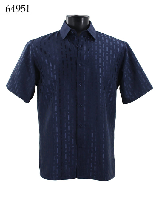 Displayed elegantly on a mannequin is the Bassiri Short Sleeve Shirt, a regular fit button-up in navy, featuring a subtle geometric pattern. The number "64951" is visible in the upper left corner.