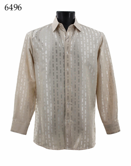 The Bassiri Long Sleeve Shirt 6496, featuring a beige geometric pattern and regular fit, is displayed on a black mannequin.