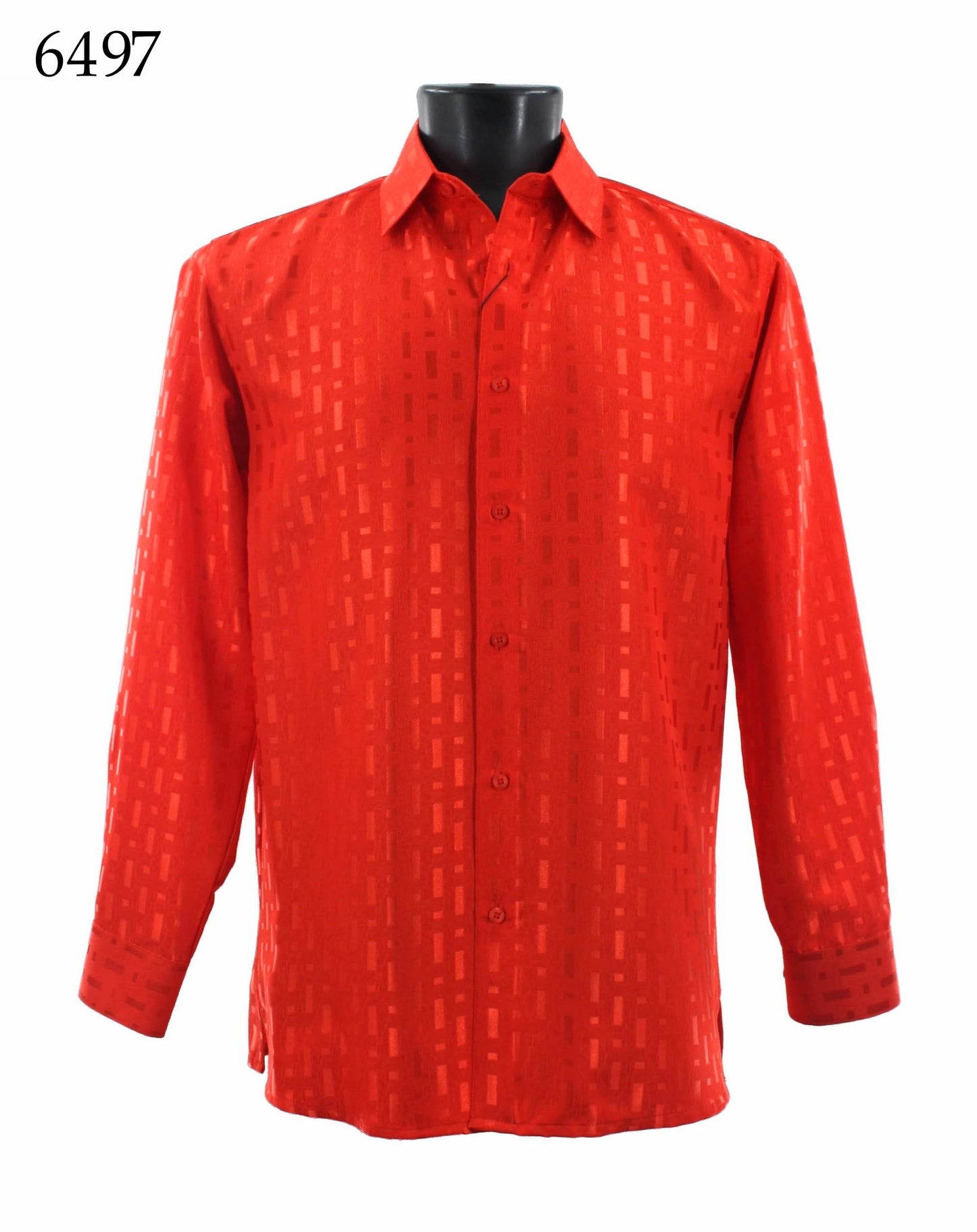 The Bassiri Long Sleeve Shirt 6497 by Bassiri, a regular-fit red button-up with a subtle geometric design, is elegantly displayed on a black mannequin bust.