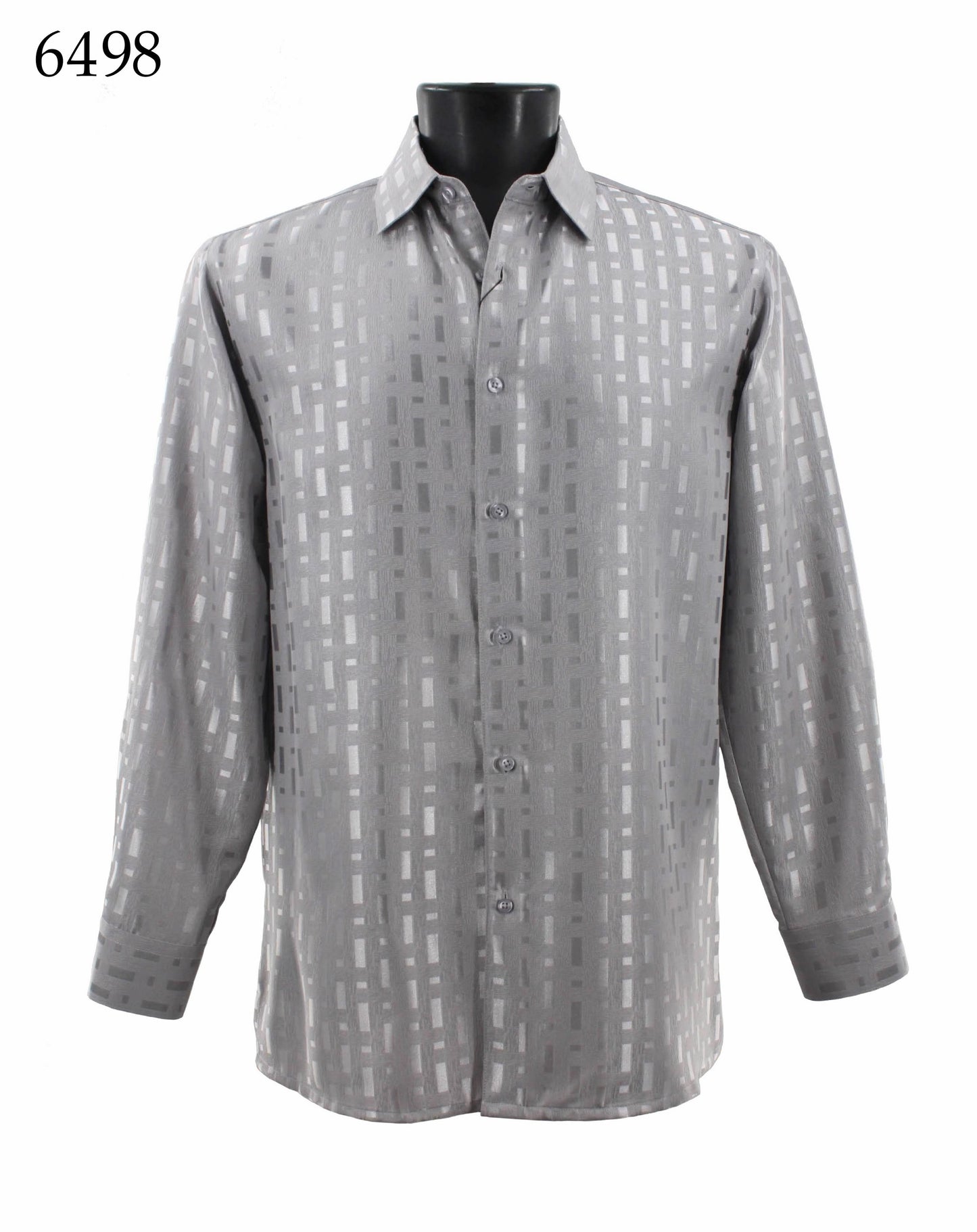 The Bassiri Long Sleeve Shirt 6498 features a gray button-up design with a vertical rectangular pattern on a white background, providing a regular fit for comfort and style.