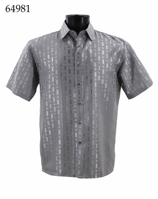 The Bassiri Short Sleeve Shirt 64981, featuring a regular fit and short sleeves, showcases a gray geometric pattern as it is elegantly displayed on a mannequin. The number 64981 is subtly visible in the top left corner, adding a touch of crisp precision to this stylish design by Bassiri.