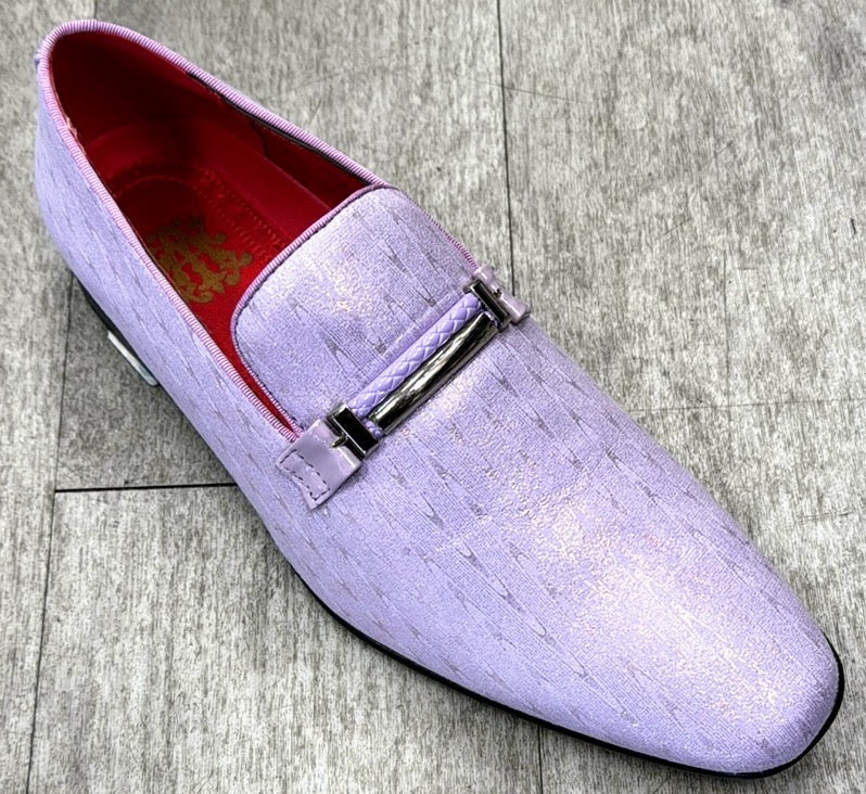 The Exclusive Formal Dress Shoe Lavender 6993 from UNIQUE DESIGN MENSWEAR features a genuine suede leather with a metallic texture, red interior, and silver buckle detail resting on a gray tiled surface.