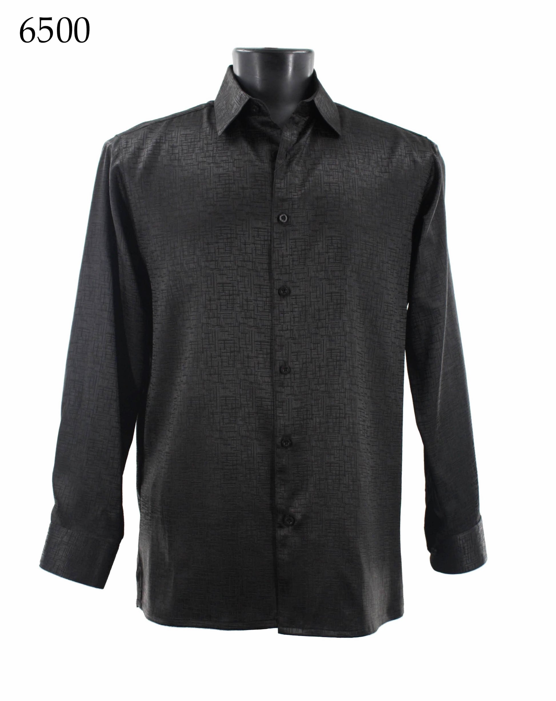 Modeled on a mannequin, the Bassiri Long Sleeve Shirt 6500 in black showcases a subtle textured pattern and offers a classic regular fit that complements any style.