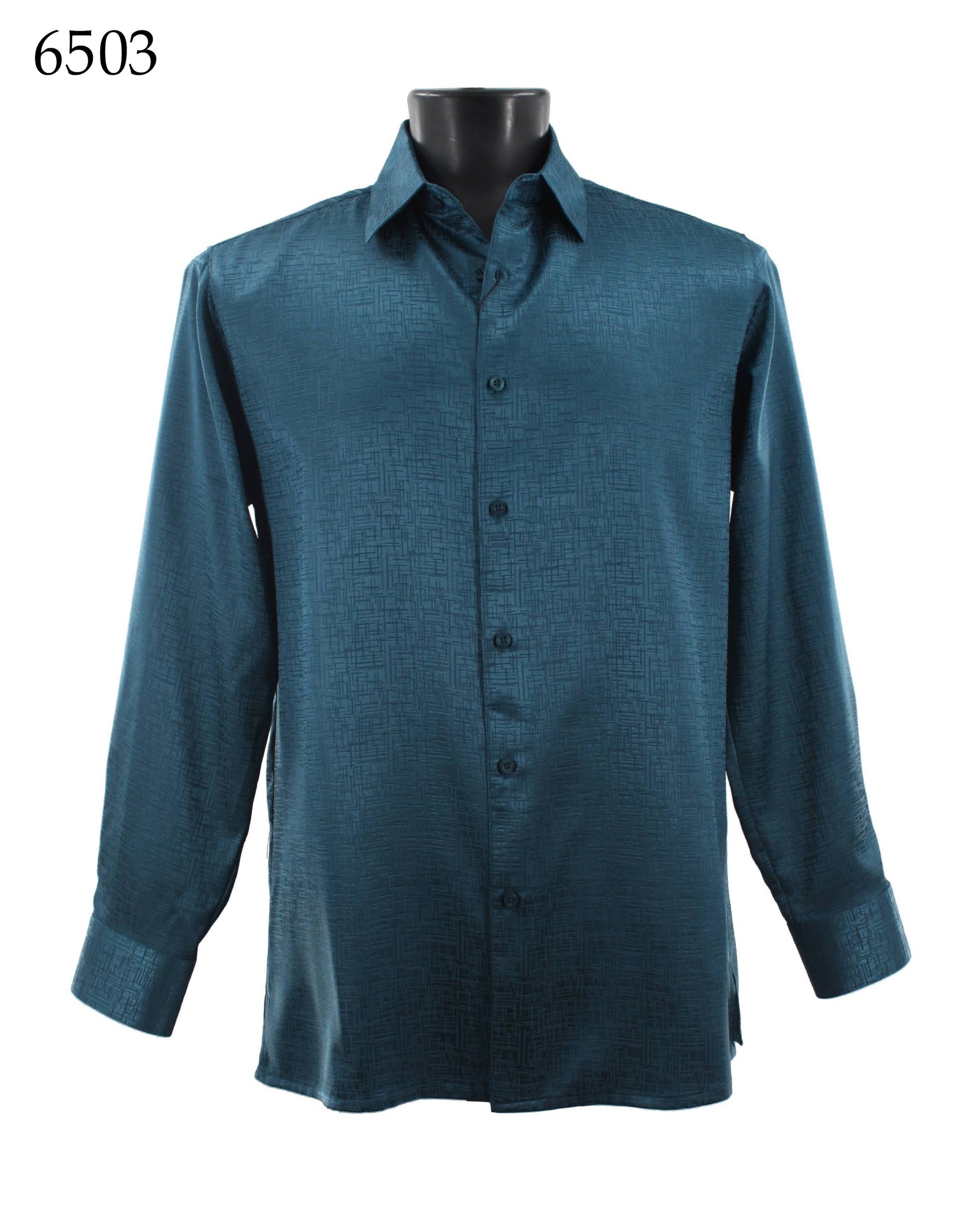 The Bassiri Long Sleeve Shirt 6503 is displayed on a mannequin. This teal button-up shirt features a subtle textured pattern and comes in a Regular Fit.