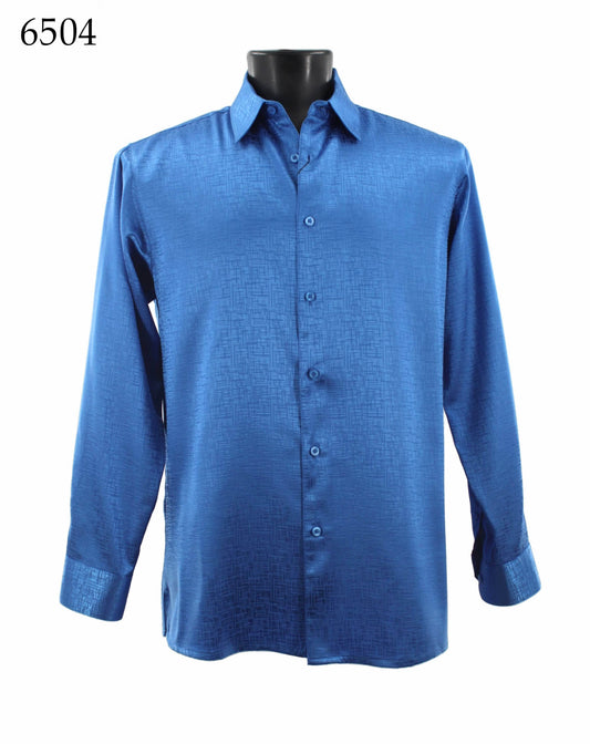 The Bassiri Long Sleeve Shirt 6504, featuring a subtle geometric pattern and Regular Fit in blue, is displayed on a mannequin.