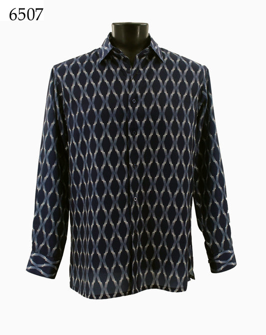 The Bassiri Long Sleeve Shirt 6507 by Bassiri features a geometric diamond pattern in navy blue and white.