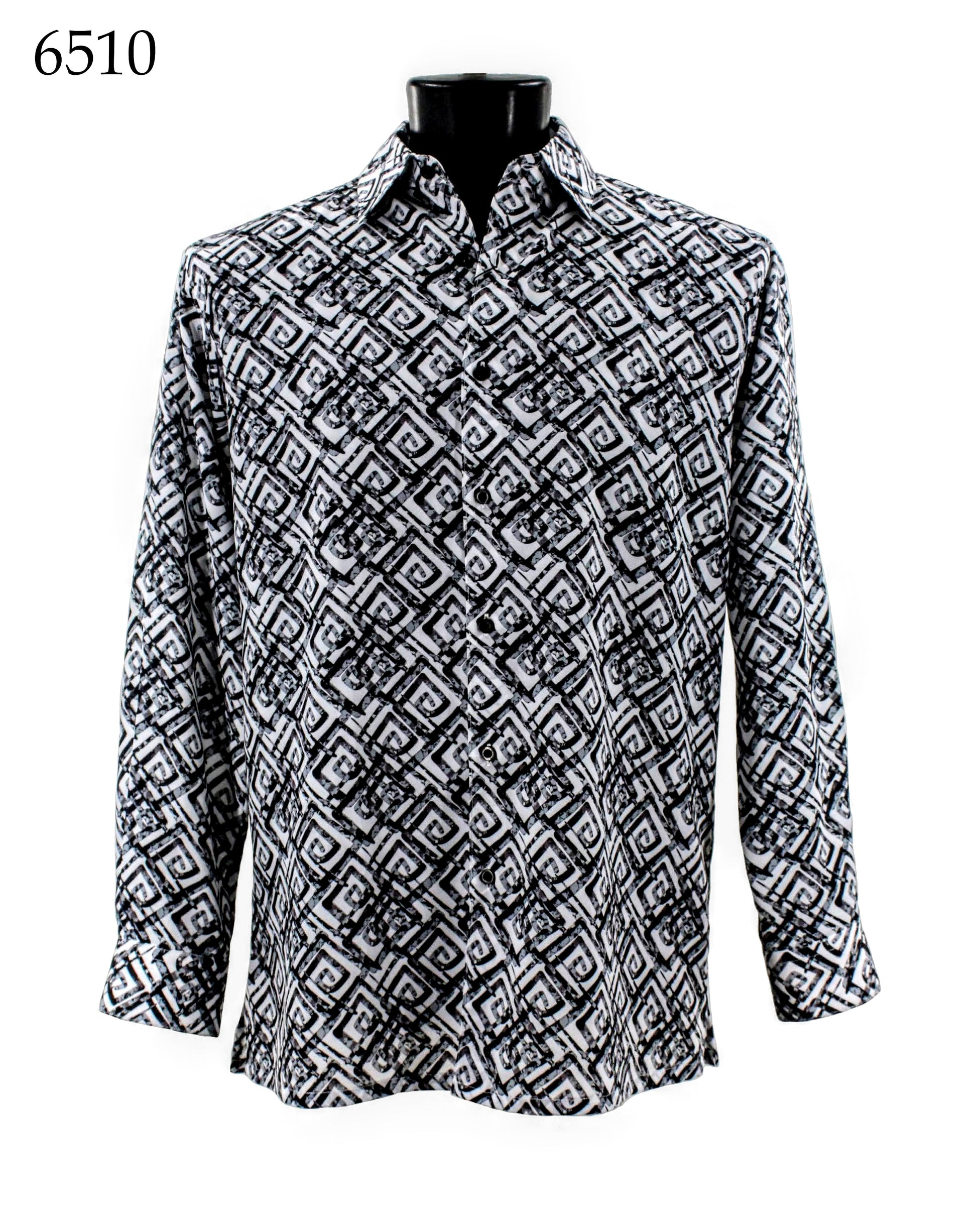 A Bassiri Long Sleeve Shirt 6510, featuring a geometric black and white pattern, displayed on a mannequin.