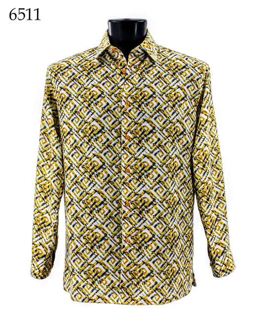 Bassiri Long Sleeve Shirt 6511 featuring a geometric pattern in yellow, black, and white displayed on a mannequin. The number 6511 is positioned in the top left corner.