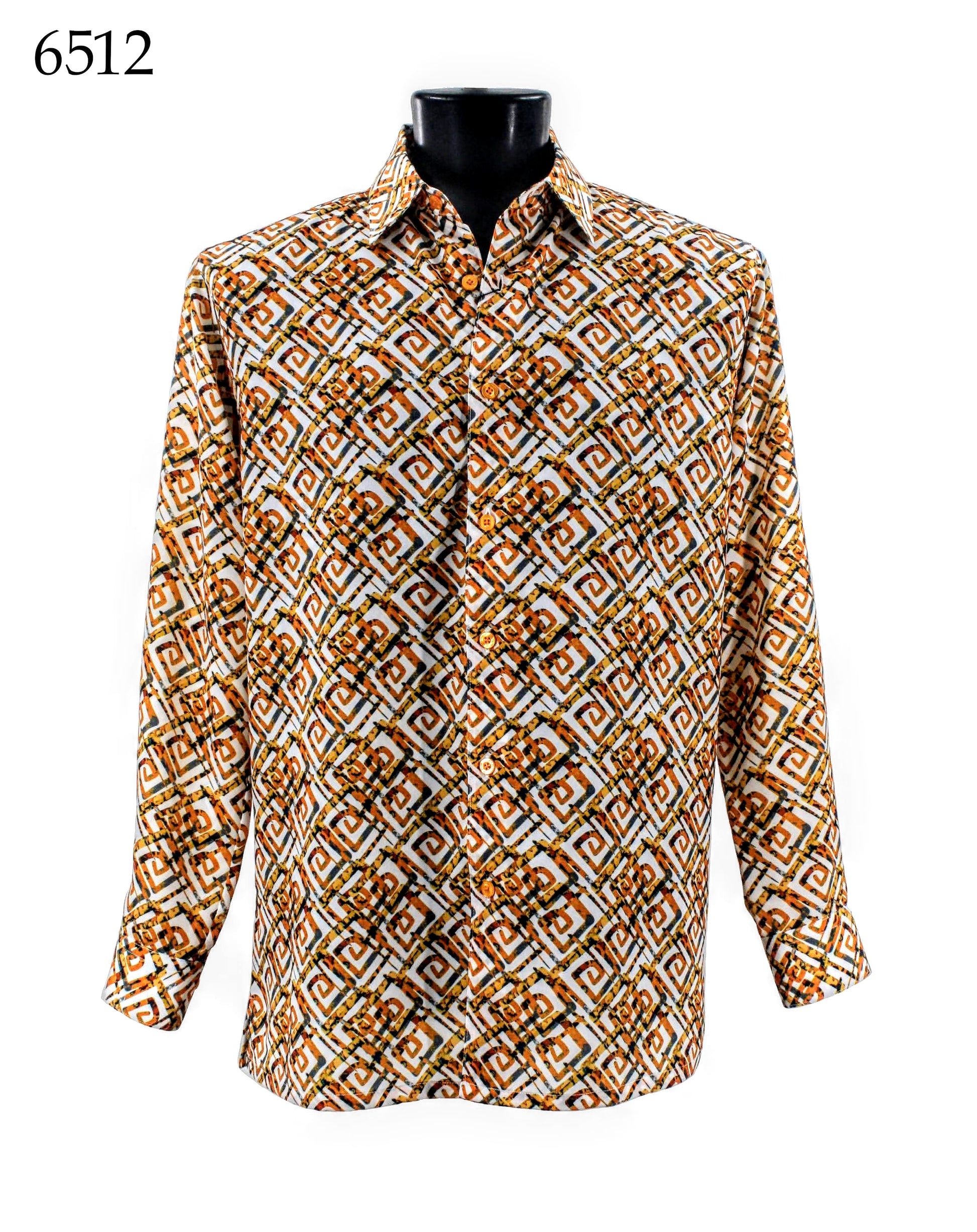 A Bassiri Long Sleeve Shirt 6512 with orange, brown, and white geometric and floral patterns is displayed on a black mannequin.