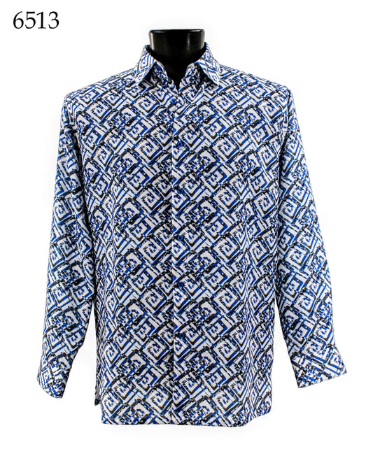 Bassiri Long Sleeve Shirt 6513 in a blue and white pattern displayed on a black mannequin.