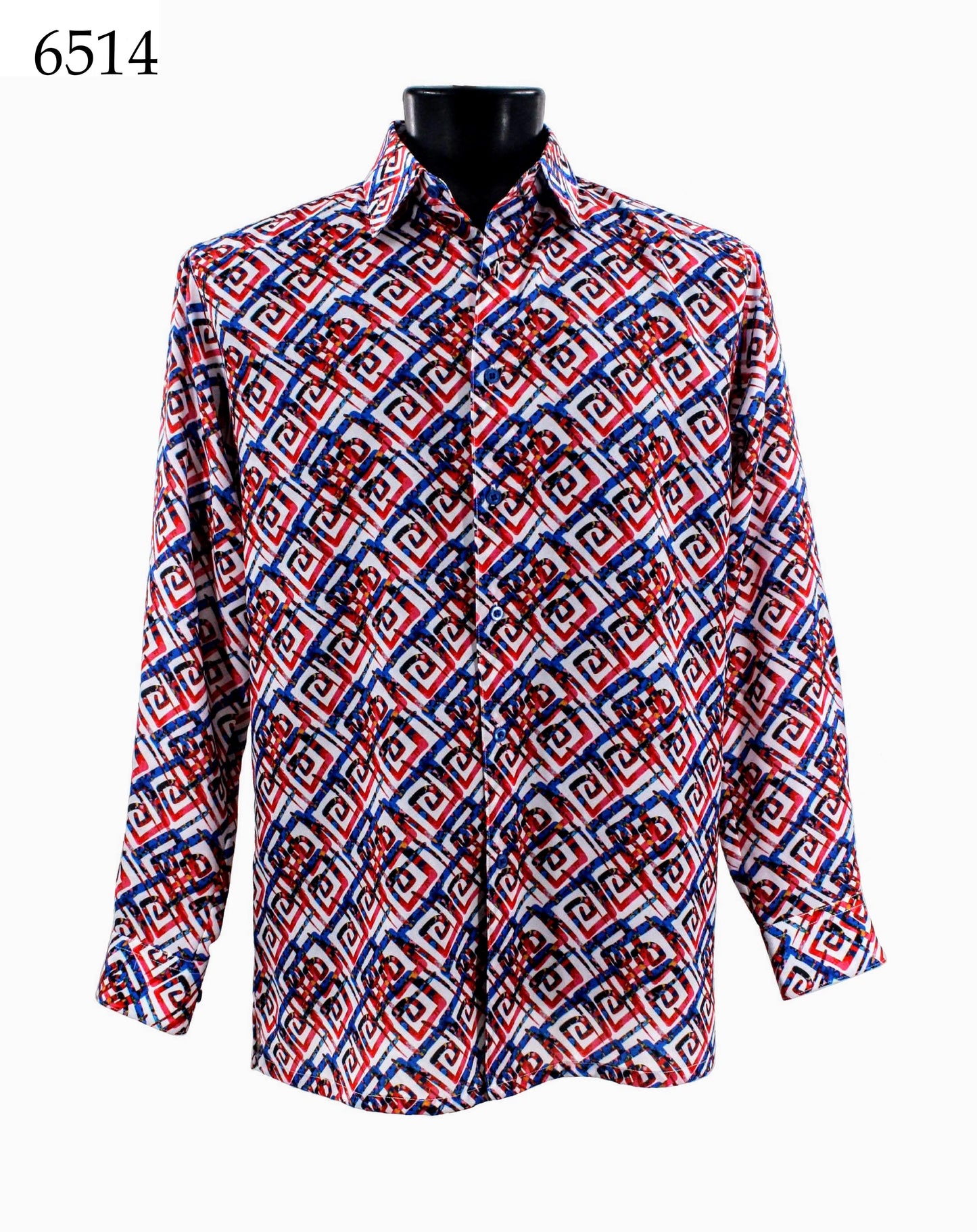 Bassiri Long Sleeve Shirt from the Bassiri brand, featuring a geometric red, white, and blue pattern, is displayed on a black mannequin. The code 6514 is visible in the top left corner.