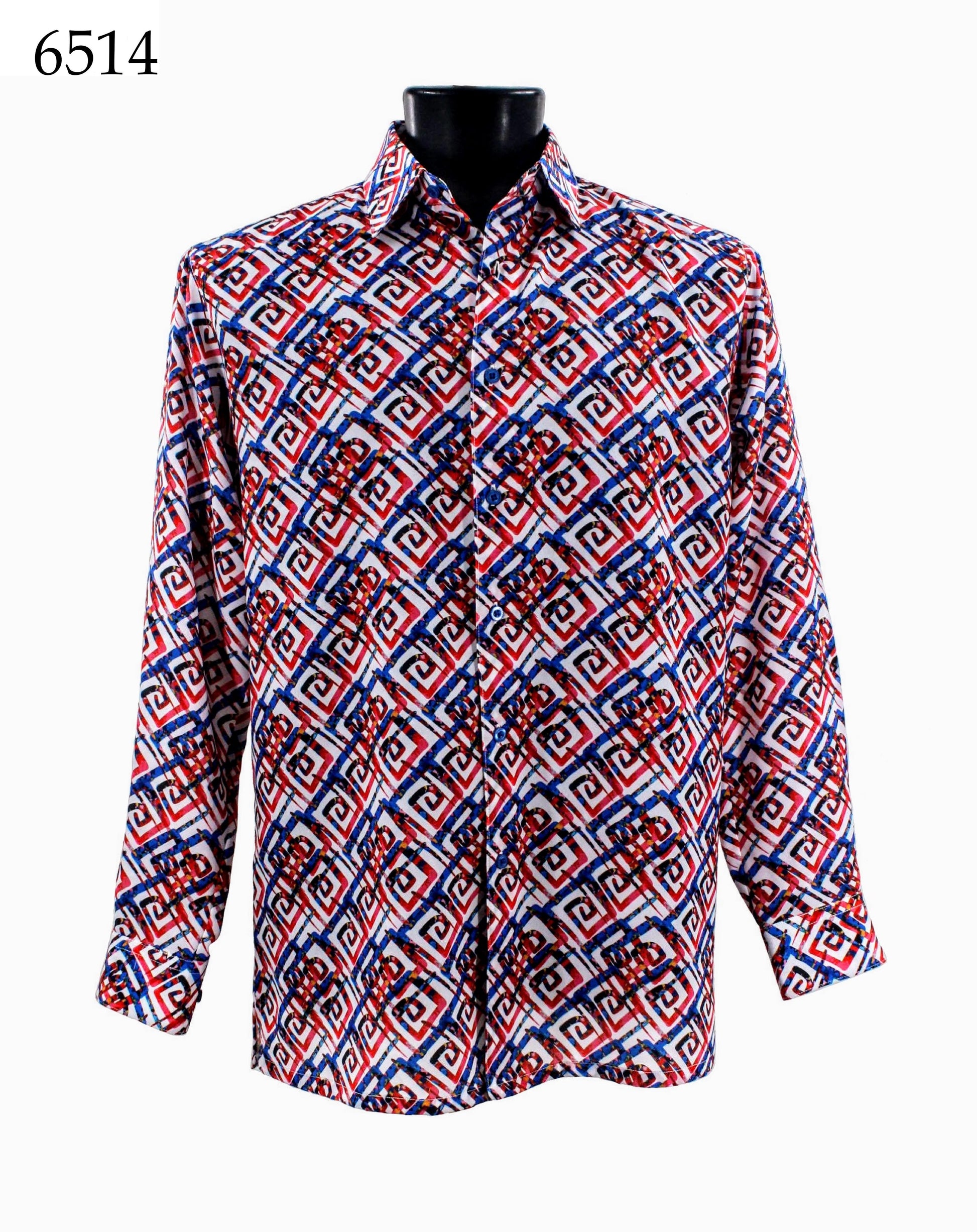 Bassiri Long Sleeve Shirt from the Bassiri brand, featuring a geometric red, white, and blue pattern, is displayed on a black mannequin. The code 6514 is visible in the top left corner.