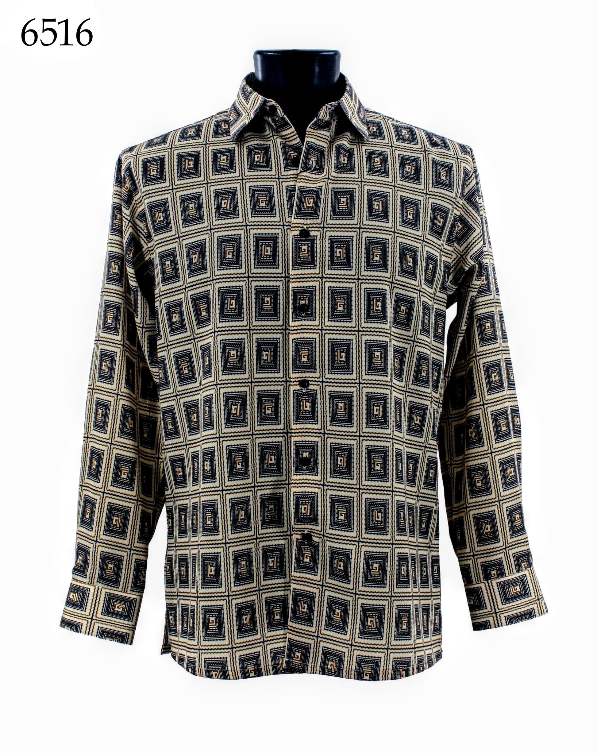 Long-sleeve button-up shirt by Bassiri, featuring a geometric square and diamond pattern in black, beige, and gold tones. Displayed on a black mannequin with the label "Bassiri Long Sleeve Shirt 6516.