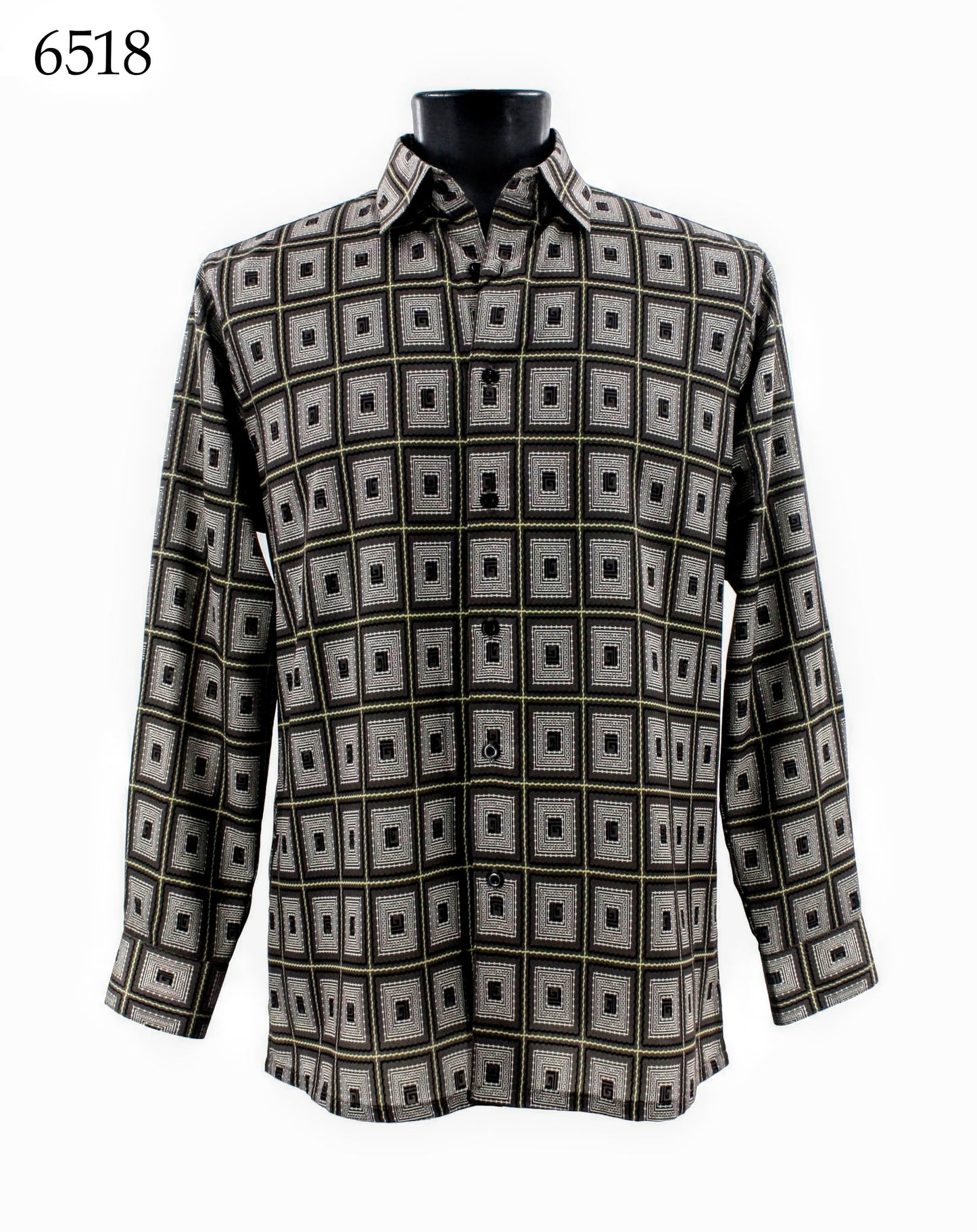 The Bassiri Long Sleeve Shirt 6518, featuring a black and white geometric square pattern, is displayed on a black mannequin torso.