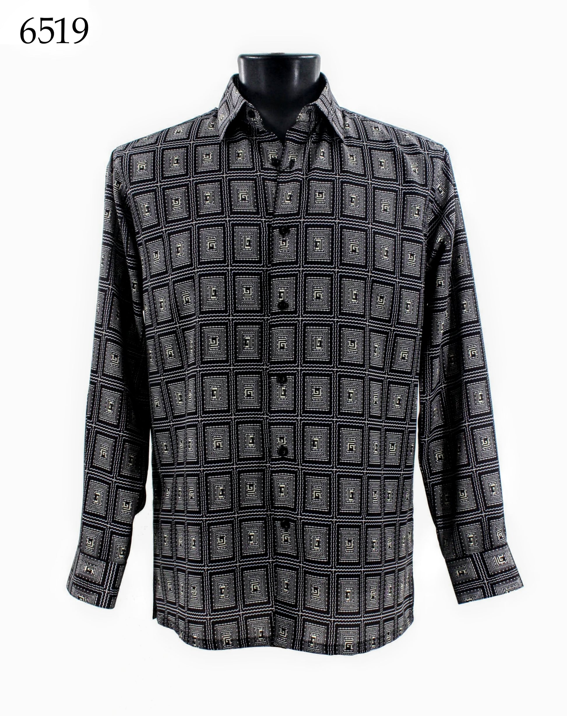 A black mannequin dressed in the Bassiri Long Sleeve Shirt 6519 featuring a geometric patterned design.