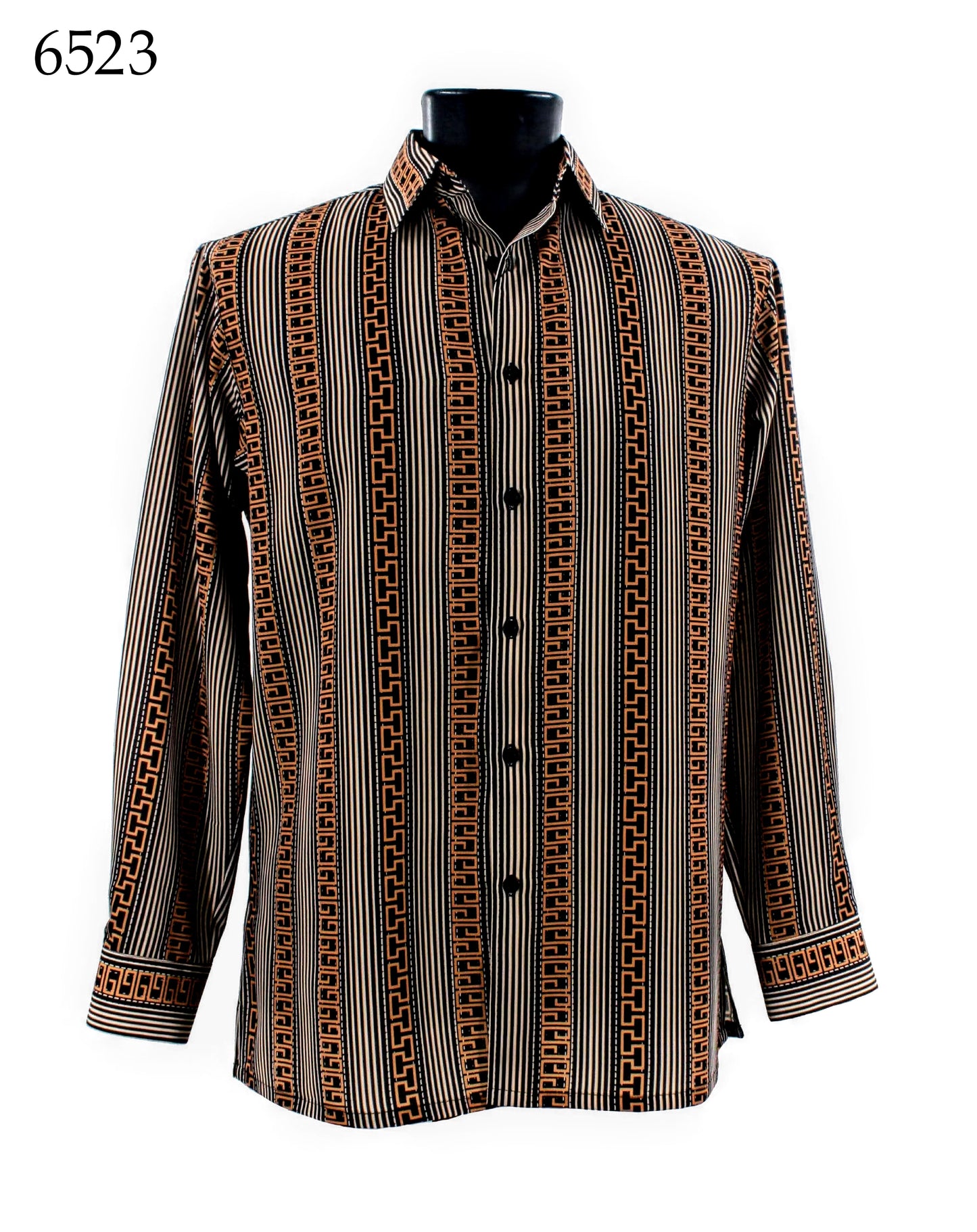 A Bassiri Long Sleeve Shirt 6523 is showcased on a black mannequin, featuring vertical stripes and geometric patterns in black, orange, and beige. The product name is displayed in the top left corner.