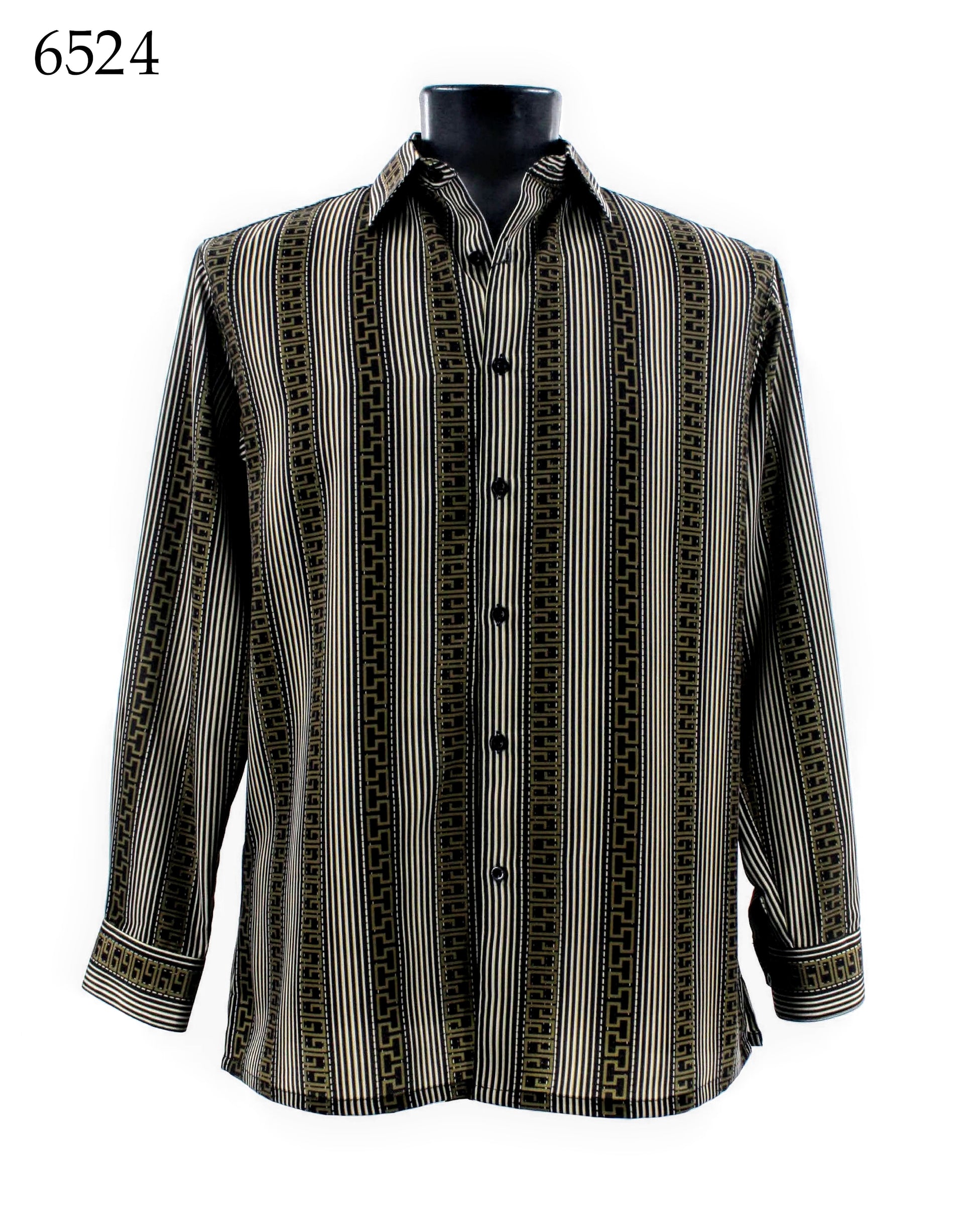 Introducing the Bassiri Long Sleeve Shirt 6524 by Bassiri, featuring vertical black and beige stripes complemented by geometric patterns and a classic button-down front.