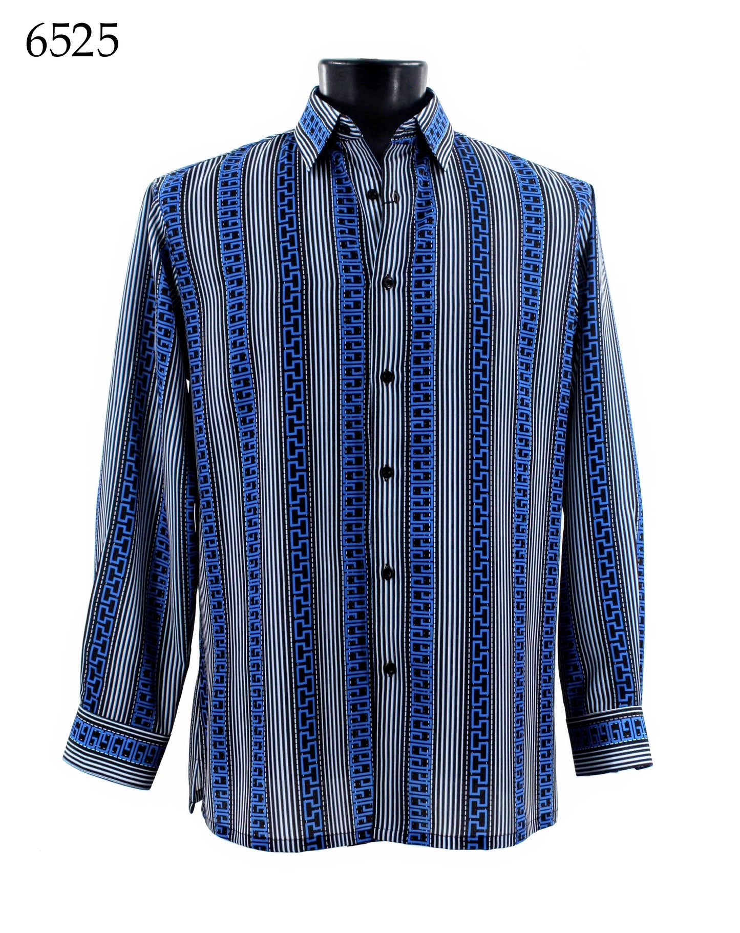 Bassiri Long Sleeve Shirt 6525 by Bassiri in blue and black featuring a vertical geometric pattern, displayed on a mannequin against a white background.