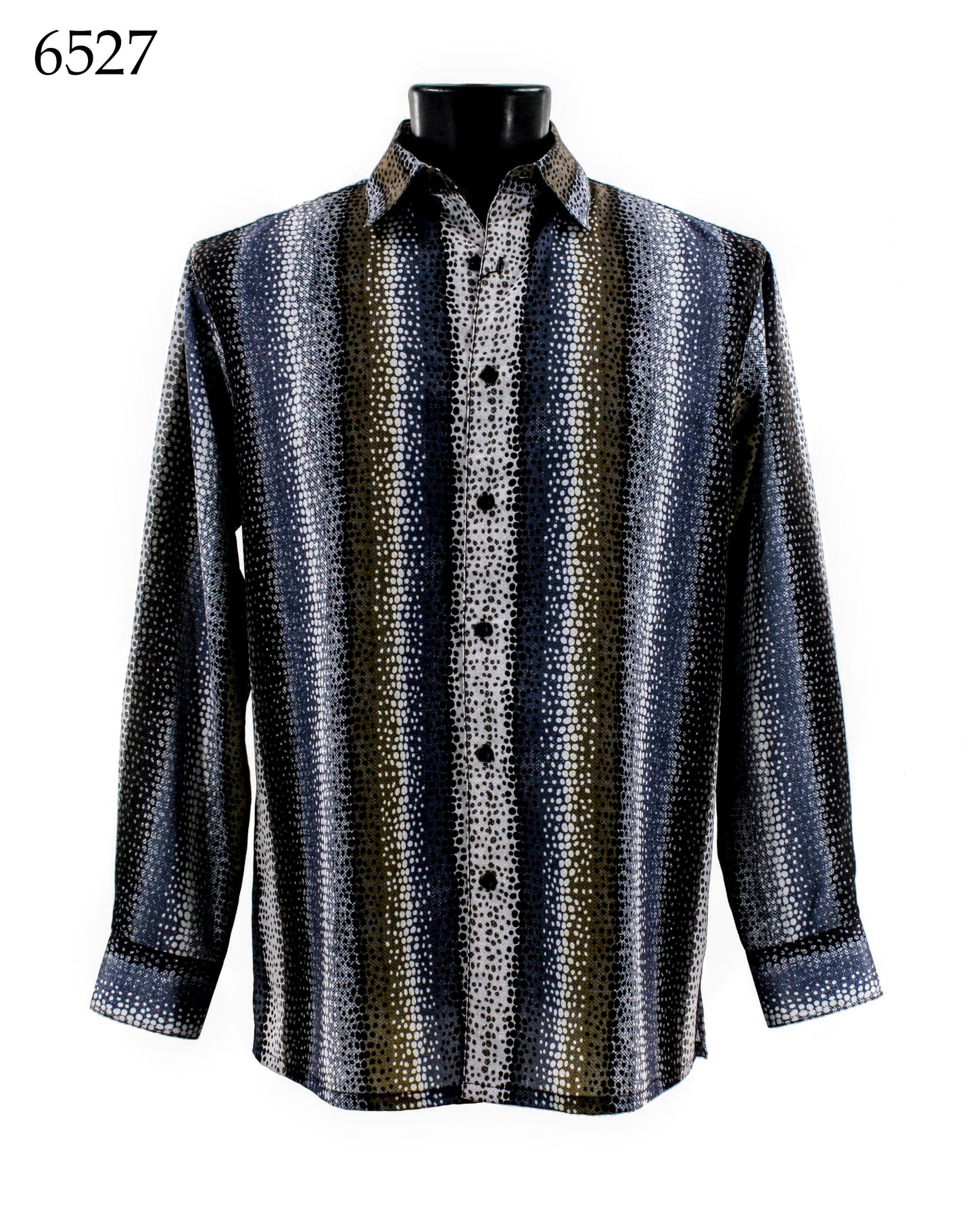 Bassiri's Long Sleeve Shirt, featuring a vertical striped and dotted pattern in shades of blue, gray, and black, is displayed on a mannequin with the item number 6527 prominently shown in the top left corner.