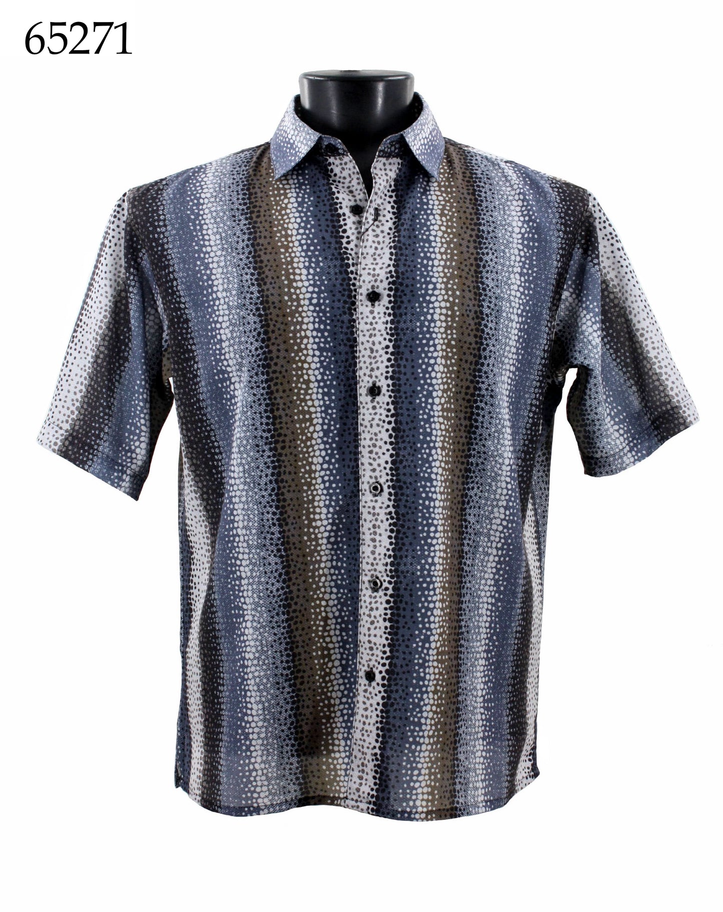 Displayed on a mannequin is the Bassiri Short Sleeve Shirt 65271, featuring a regular fit and short sleeves with vertical patterns in blue, gray, and brown.